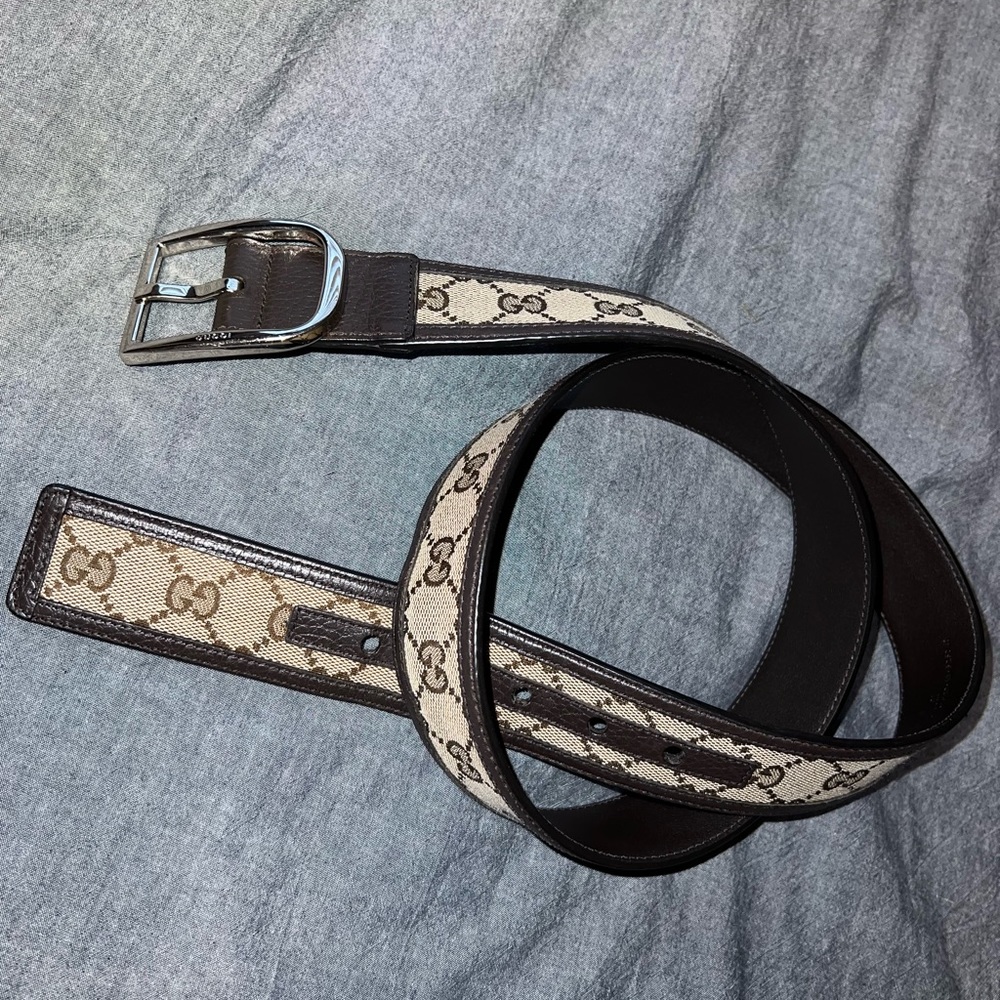 Gucci belt original GG canvas brown calfskin leather trim with Palladium buckle